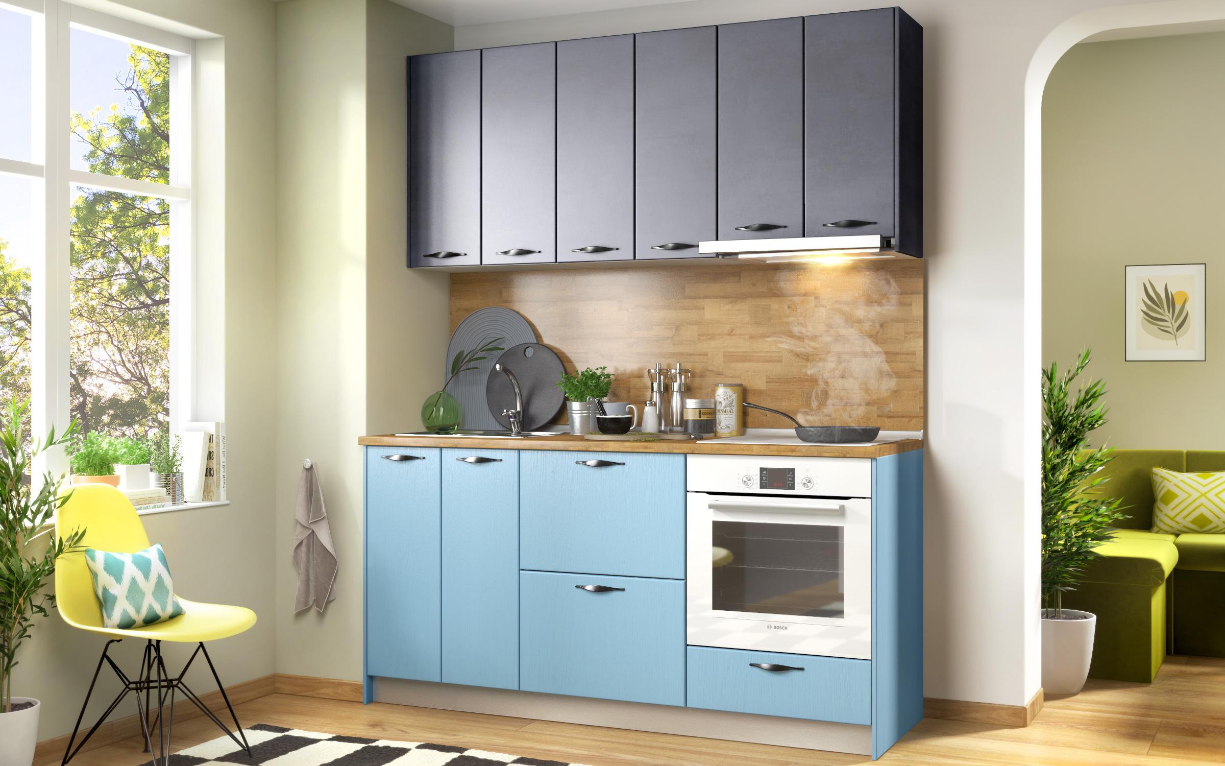 Bucatarie Sesil, beton inchis + aspen albastru deschis  2